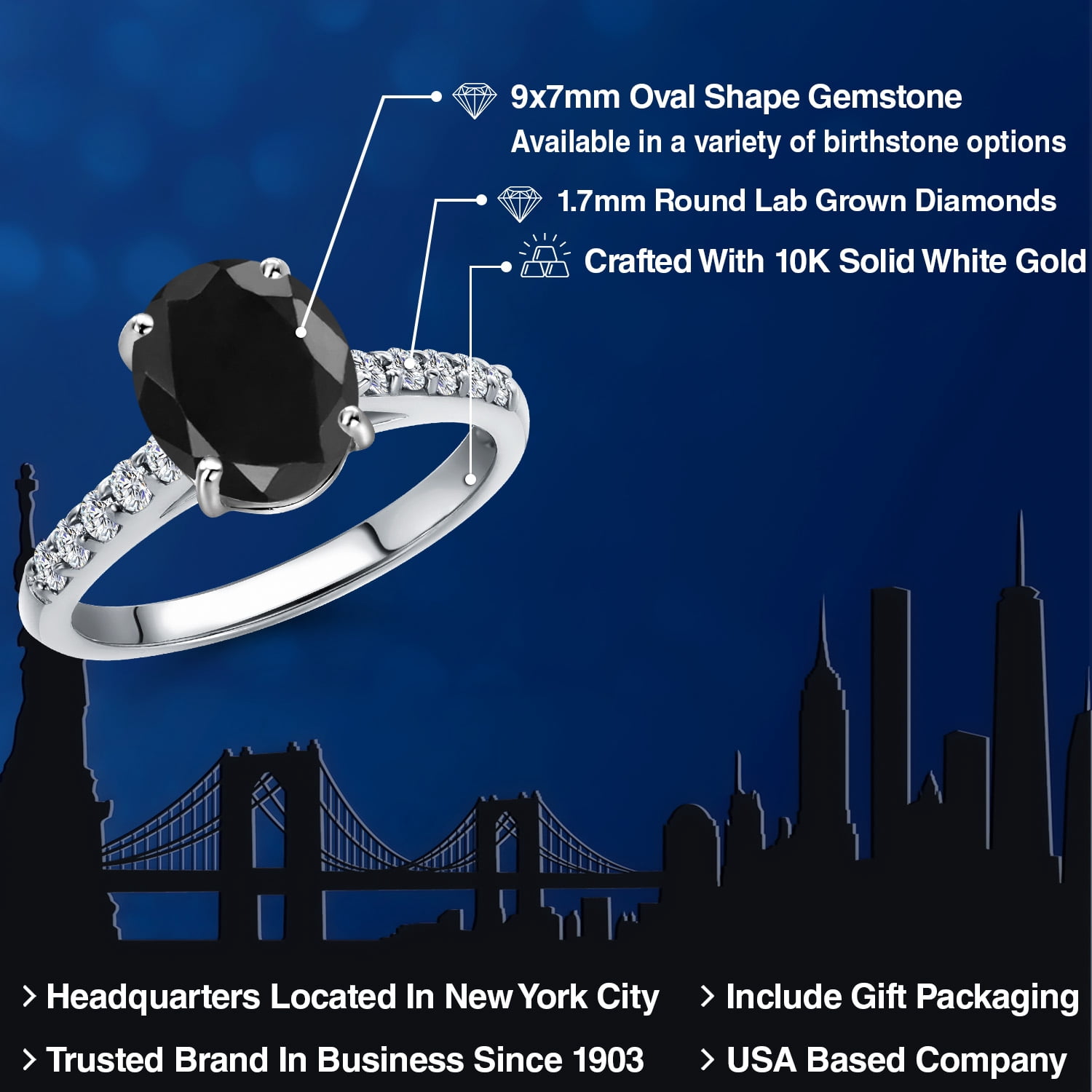 Gem Stone King 10K White Gold Black Sapphire and Lab Grown Diamond Engagement Ring for Women | 2.70 Cttw | Oval 9X7MM | Gemstone September Birthstone | Size 6