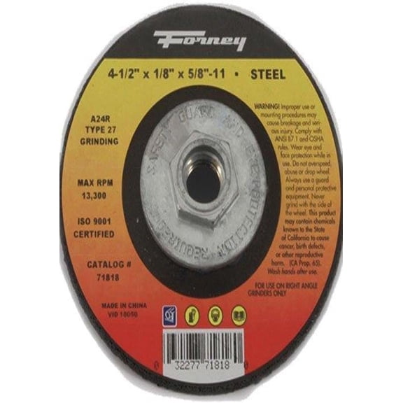 Forney Grinding Wheel Type 27 A24R - 5/8-11 Threaded Arbor - 4-1/2 x 1/8 In.