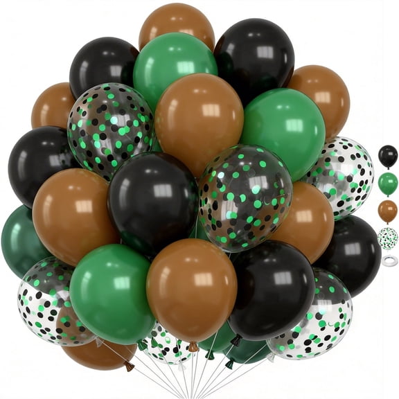 Green and Brown Balloons, 50PCS 12 Inch Dark Green Brown Black Balloon with Ribbon for Birthday Baby Shower Party Decorations