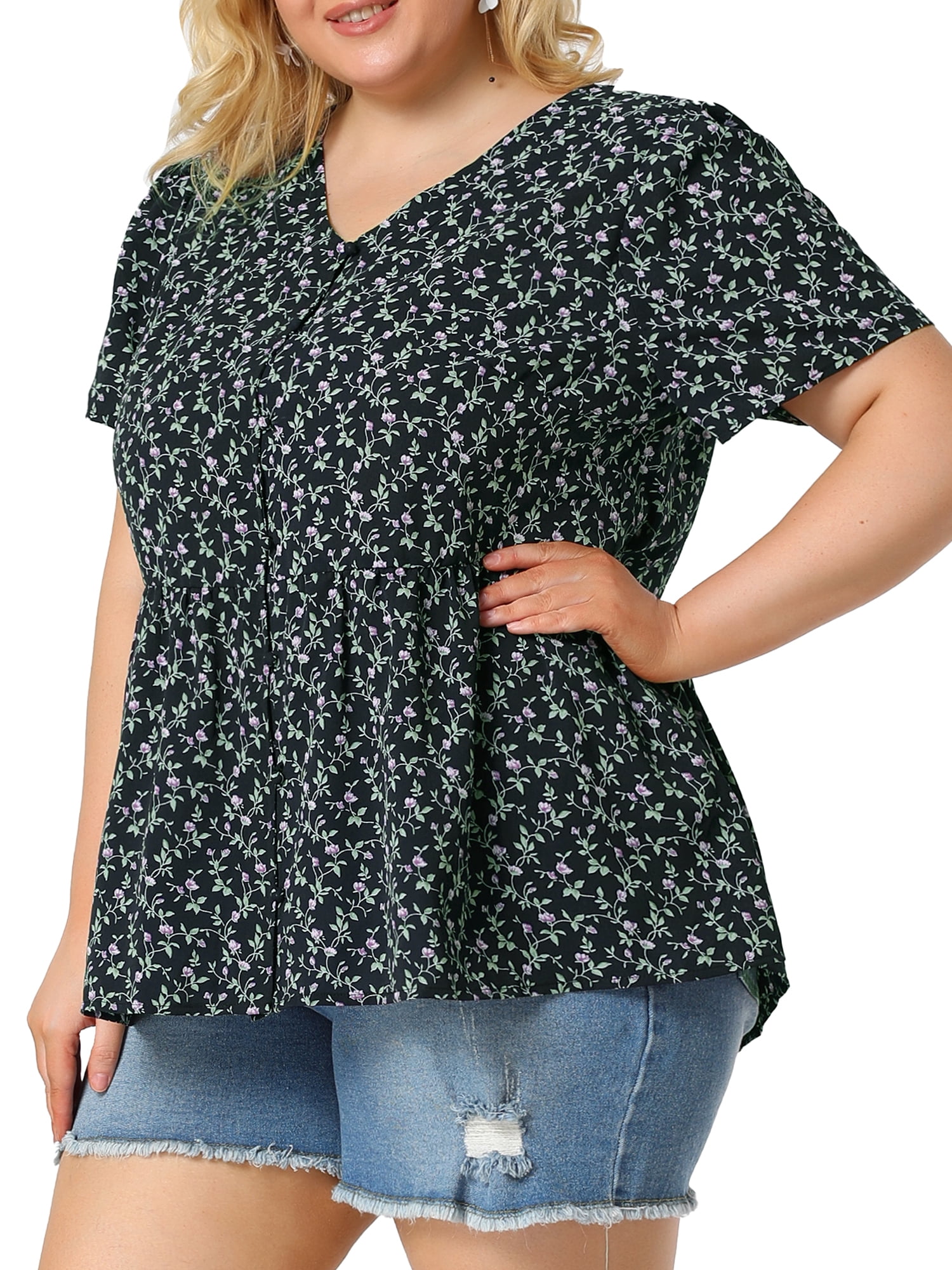 Unique Bargains Juniors' Plus Size V Neck Ruffle Hem Cinched Waist Floral Peplum Top 1X Navy