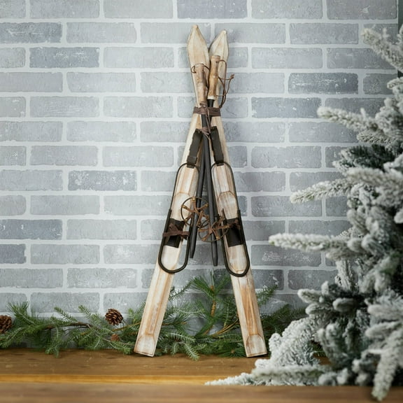 Melrose Skis with Poles Christmas Decoration - 36" - Brown and White