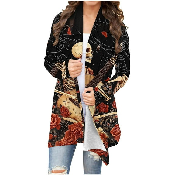 Burgundy Wine Outfit for Women Winter Fall Spandex Skeleton Graphic Loose Fit Long Happy Holiday Halloween Cardigan Jackets Coats Ladies 2025 Clothing Country Concert L
