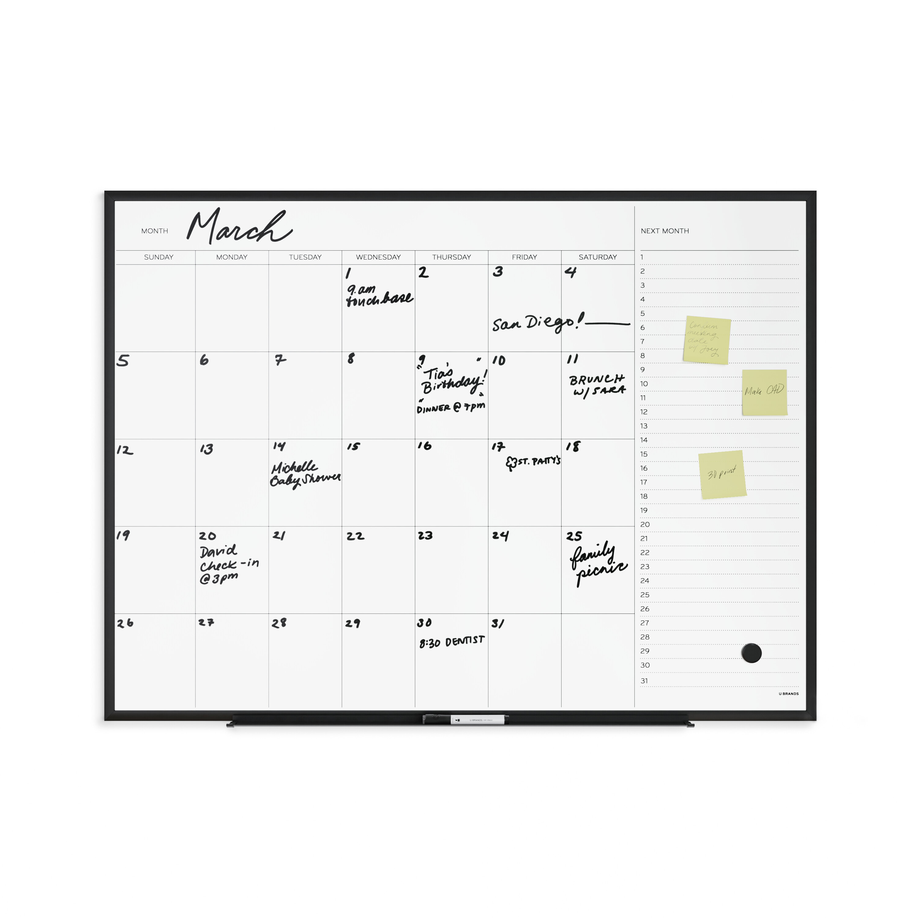U Brands Magnetic Dry Erase Calendar Board, 35 x 47 inches, Black Aluminum Frame