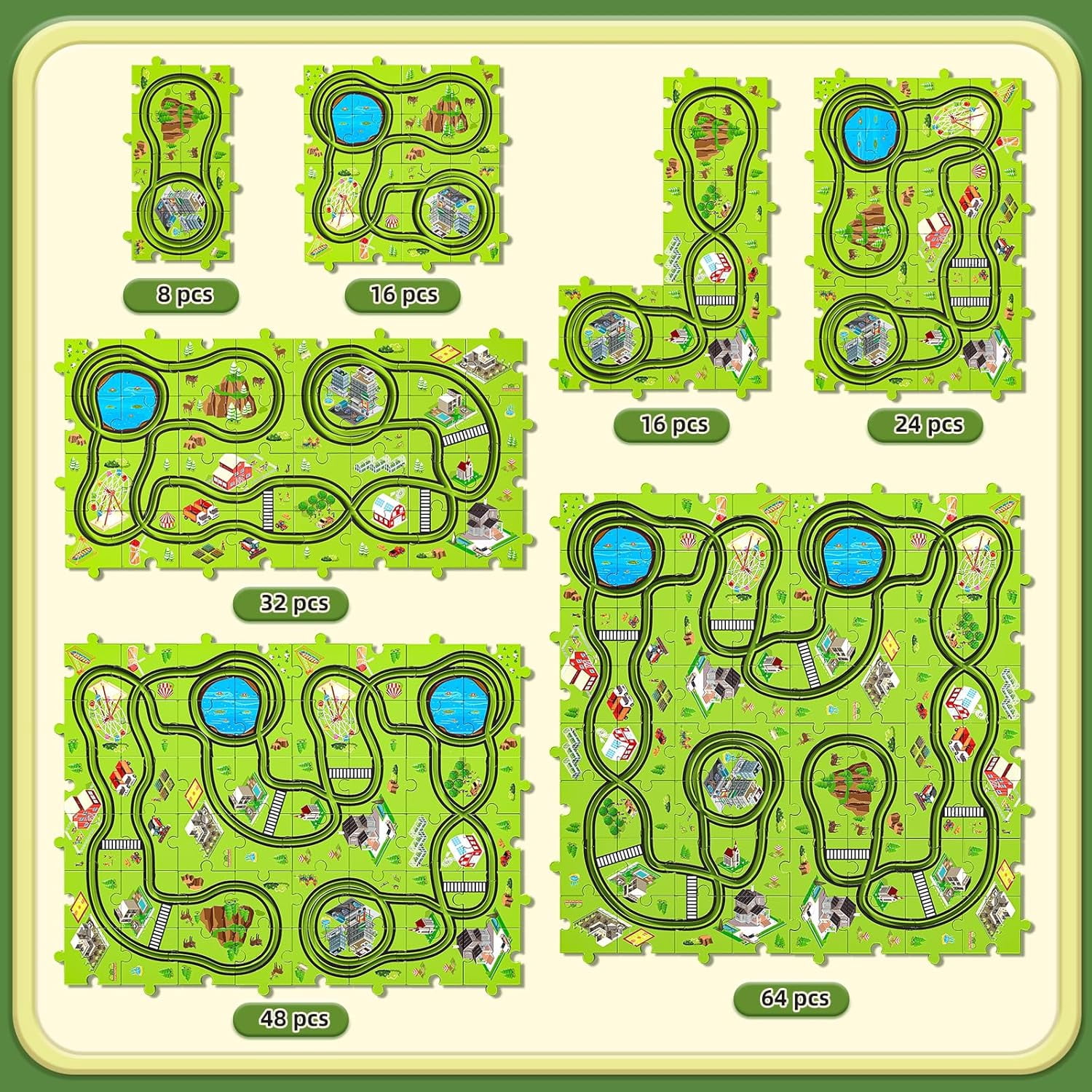 ConeWhale Puzzle Race Track Car Set City-Themed 64 Pieces with 3 Sliding Toy Cars for Ages 3+
