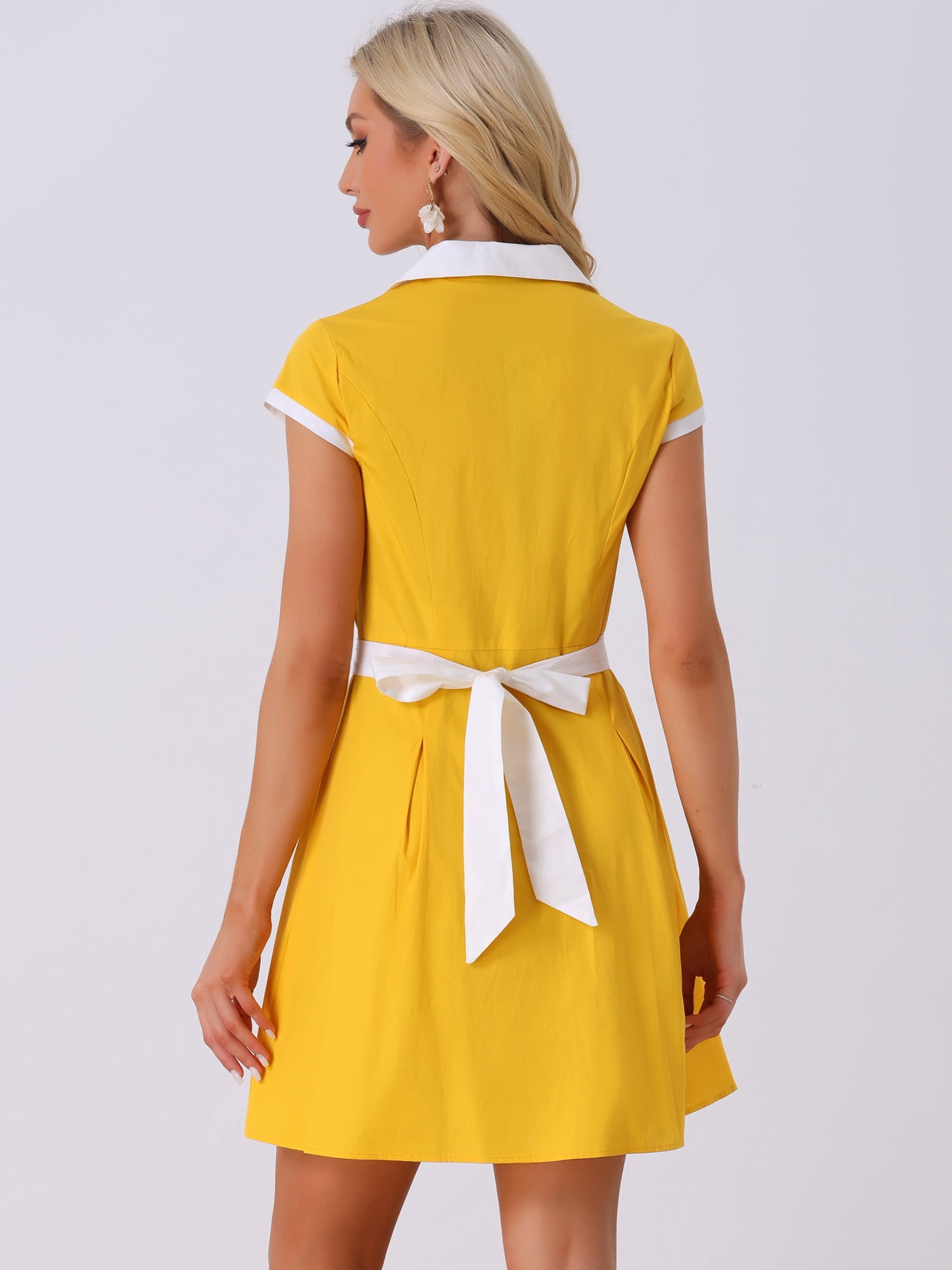 DARING DIVA Belted Contrast Camp Collar A-Line Shirt Dress M Yellow