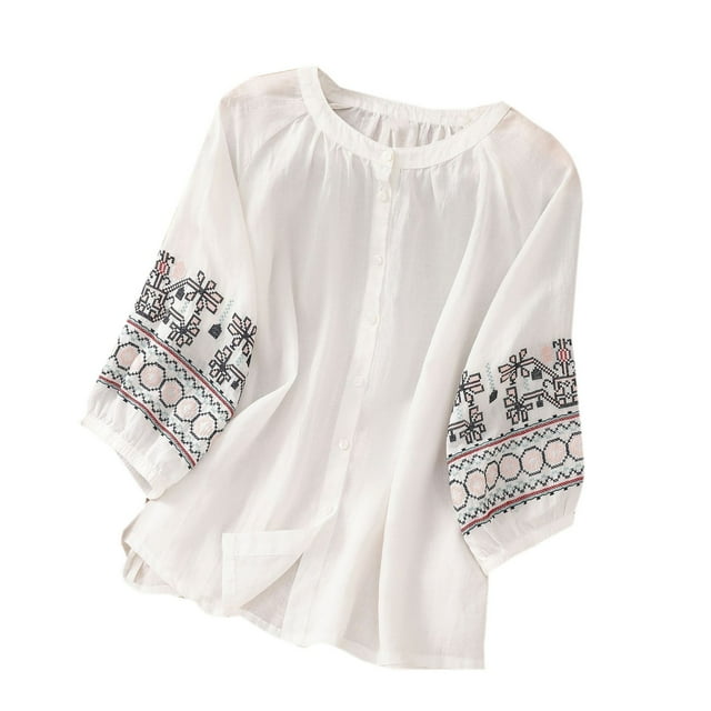Birdeem Blouses pour Femmes T-Shirt Mode Décontracté Imprimé Broderie Manches Courtes Coton et Lin Blouse
