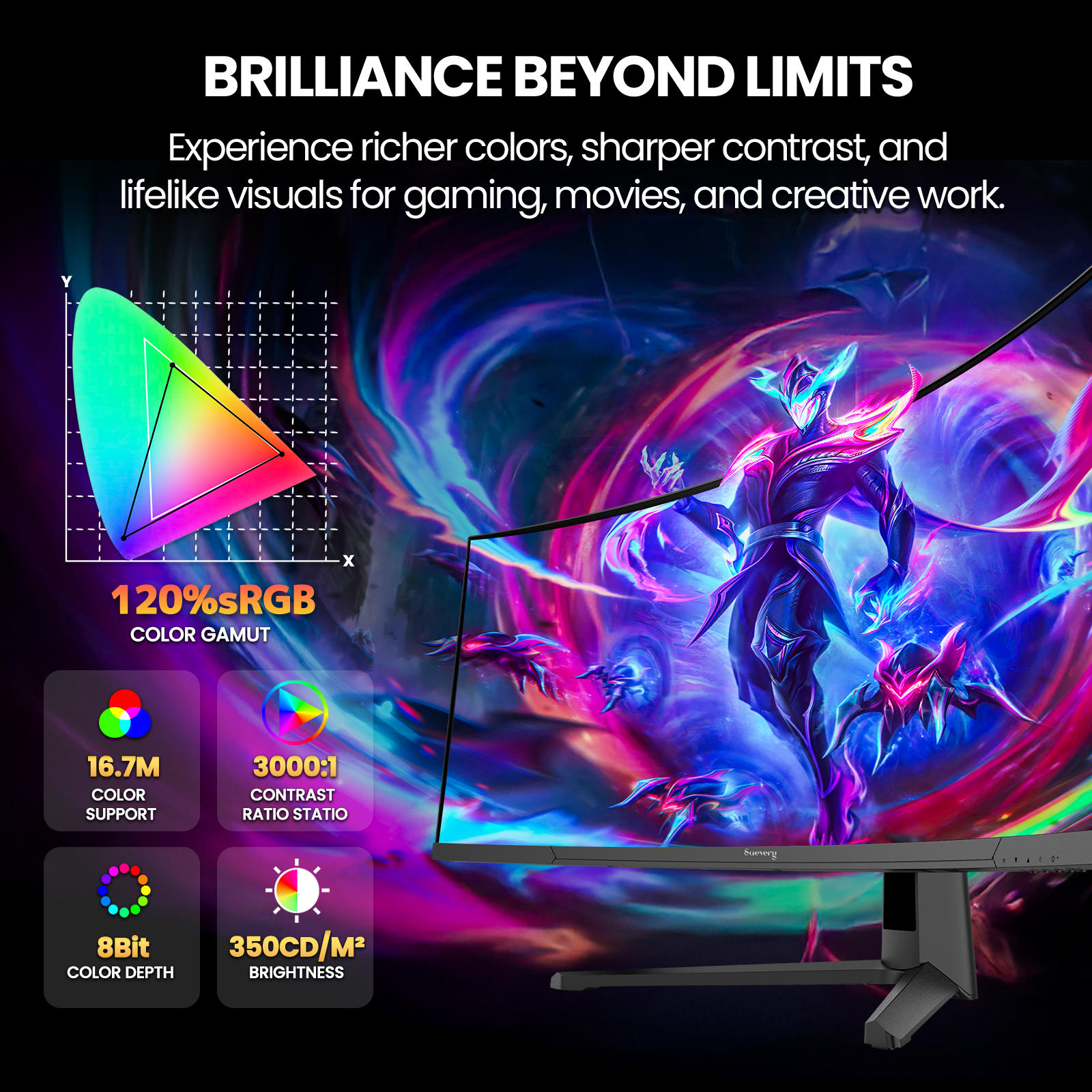 Suevery 45" 240Hz DQHD 5120 x 1440 Curved Gaming Monitor, 1500R, Built-in Speakers, 32:9, RGB Lighting, Wall-Mountable, Black