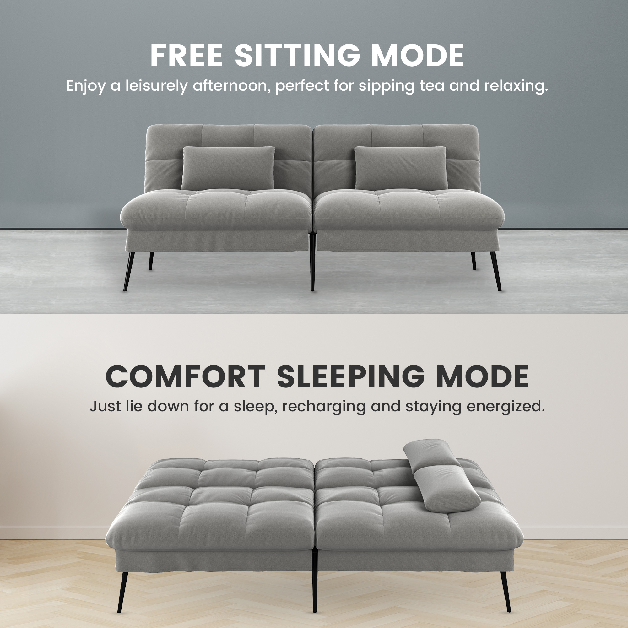 COMHOMA 72'' W Fabric Convertible Futon Sofa Bed with 5 Adjustable Backrest,Gray
