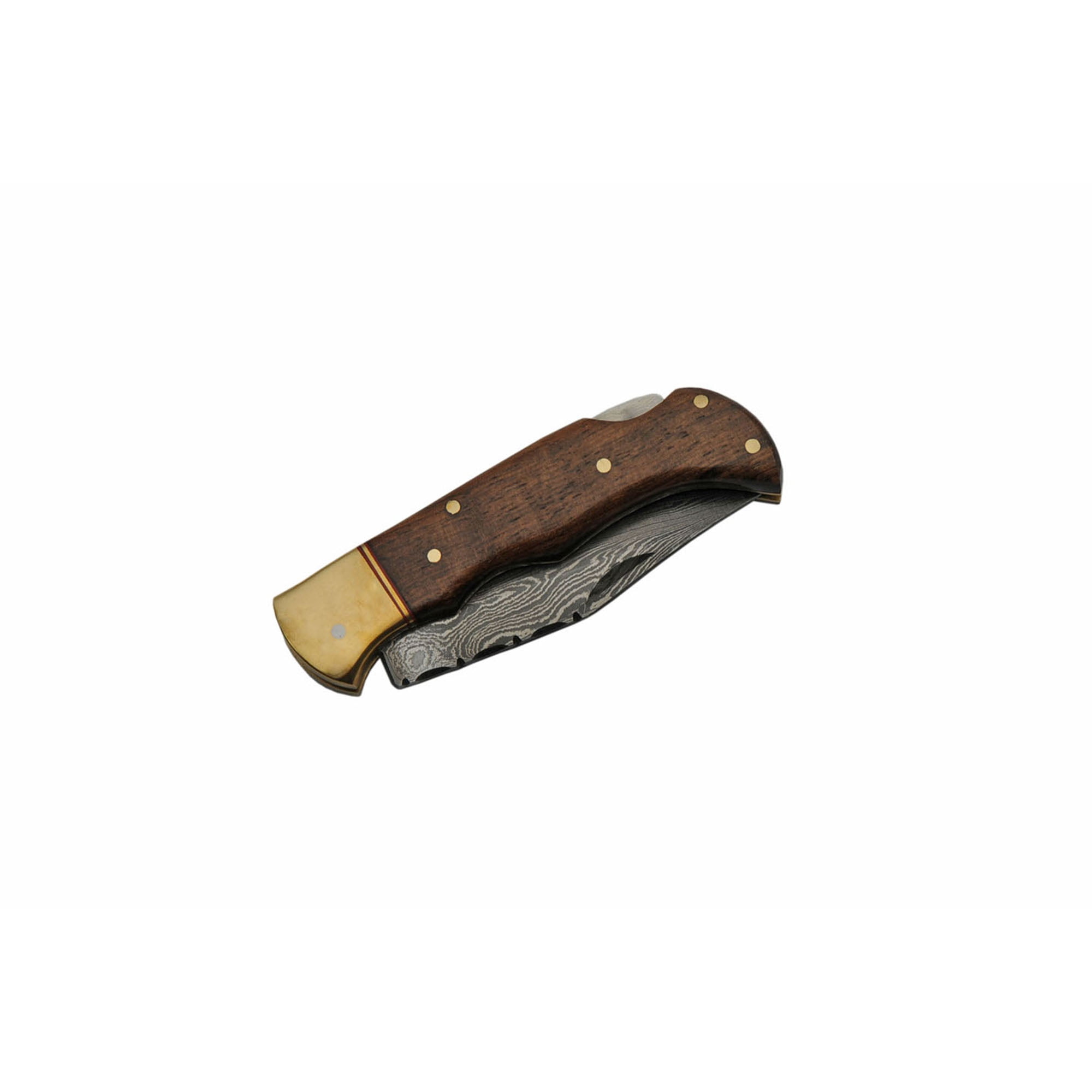 SANZ 3.75 Inch Wooden Lockback Folding Utility Knife Damascus Pattern Blade Wood Handle with Leather Sheath
