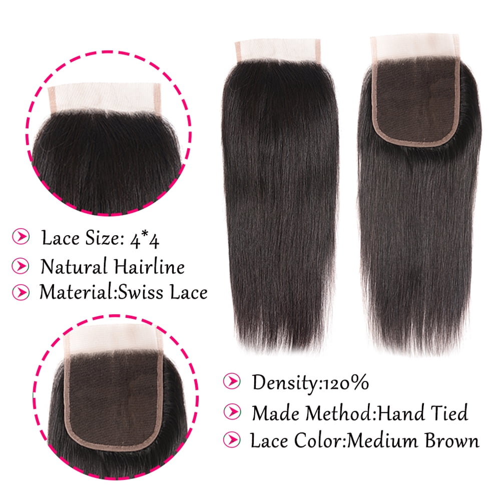 VONAR Straight Bundles Human Hair with Closure (18 20 22+16inch) Brazilian Straight Human Hair 3 Bundles with Lace Closure 4x4 Free Part Natural Color