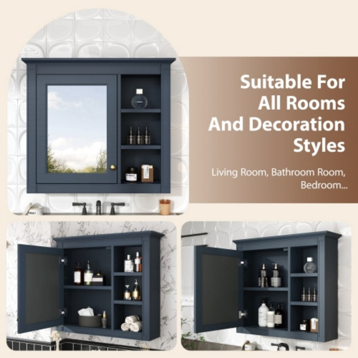 30"x 28" Wall Mounted Bathroom Medicine Cabinet with Mirror, Bathroom Storage Cabinet with Adjustable Shelf & 3 Open Shelves, Modern MDF Mirror Cabinet, Navy Blue