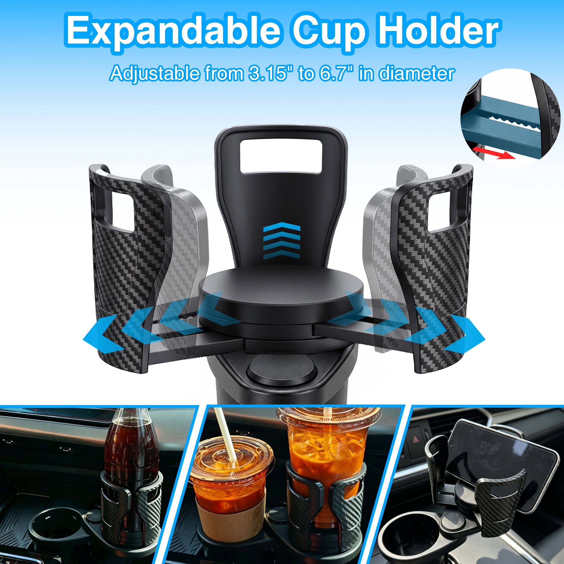 GARITIN 2 in 1 Car Cup Holder Expander, 360° Rotating Dual Car Cup Holder Extender, Adjustable Anti‑Slip Car Drink Holder for Large Water