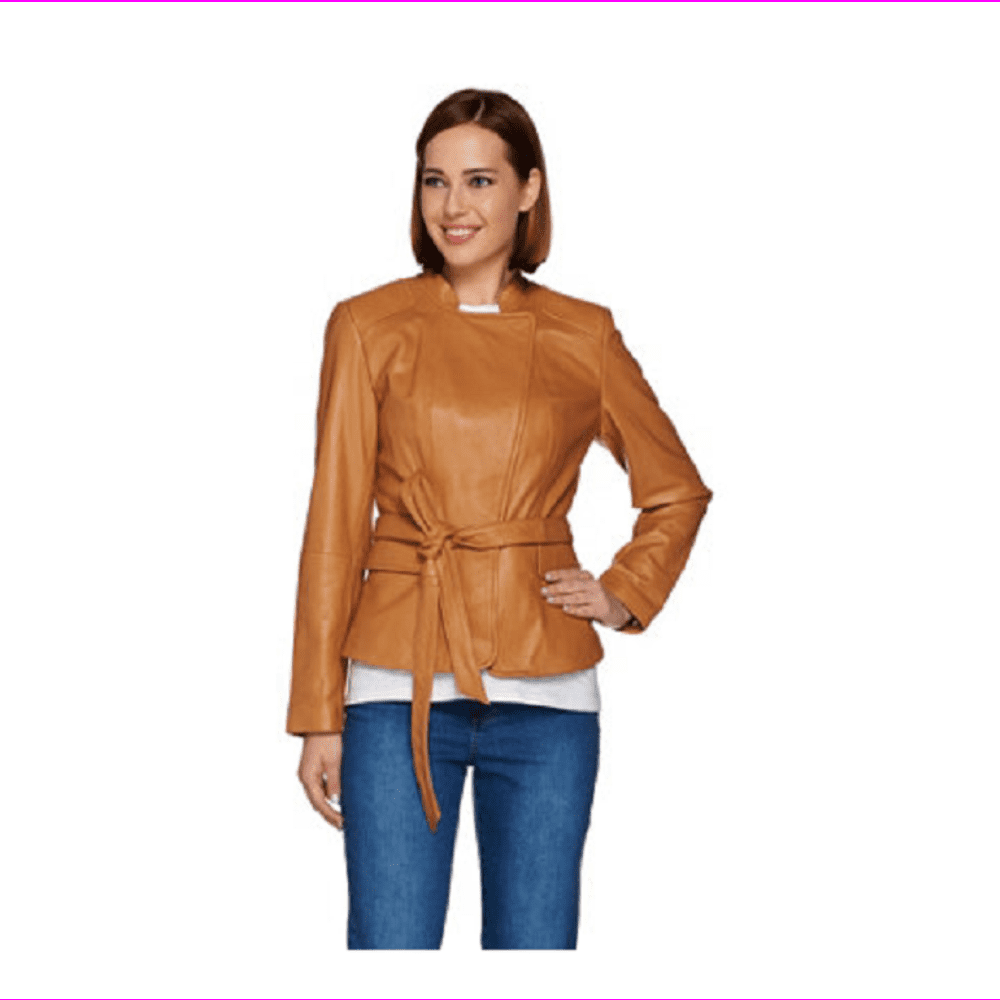 Isaac Mizrahi Live! Snap Front Lamb Leather Jacket w/ Belt, Camel, Size 12, Blue