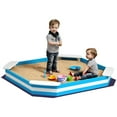 thumbnail image 2 of Qaba Sandbox for Kids, Outdoor Wooden Sand Pit with 4 Corner Seats, Bottom Liner for Backyard, Garden, 52" x 52" x 6", Blue, 2 of 9