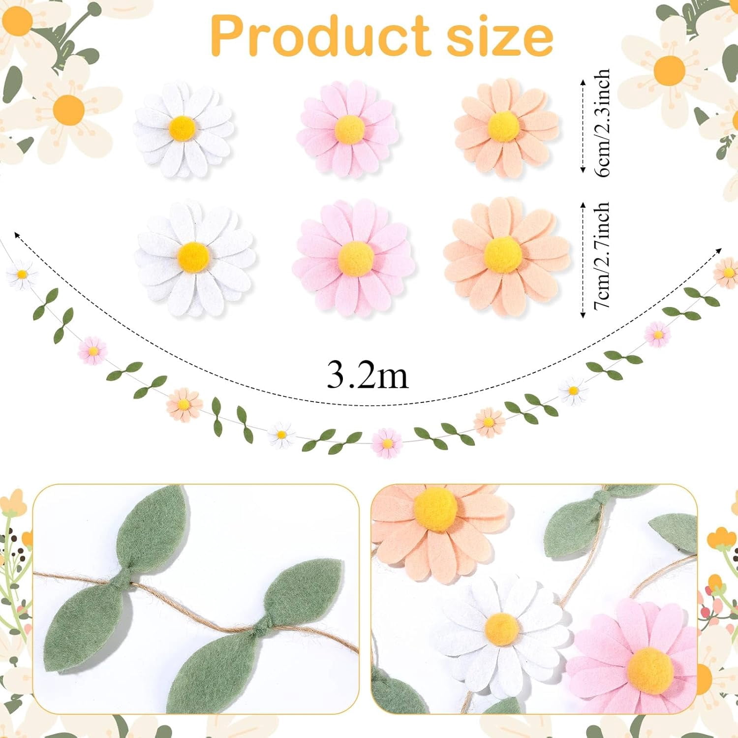 5 Pcs Wool Felt Daisy Banner Garland Party Decorations, Wildflower Birthday Decorations for Wedding Supplies(Boho Color)