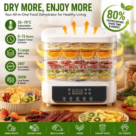 5-Tray Food Dehydrator with 72-Hour Timer, 35-70°C Adjustable Temperature, 160W Energy Efficient, for Drying Meat, Fruits, Vegetables, Herbs, Jerky, and Pet Treats