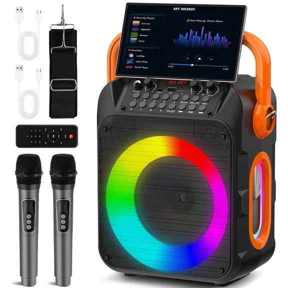 GMDISC Karaoke Machine for Kids and Adults,Portable Home Karaoke System with 2 Wireless Microphones,Bluetooth Speaker Singing Machine with RGB Lights for Party
