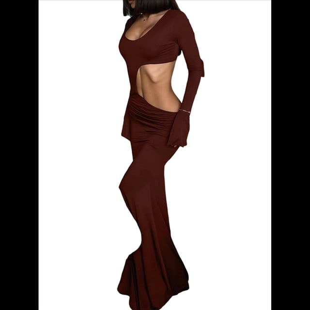 Vestido de Cóctel de Otoño con Cuello en U, Larga y Diseño Calado, para Mujer. Marrón Oscuro M