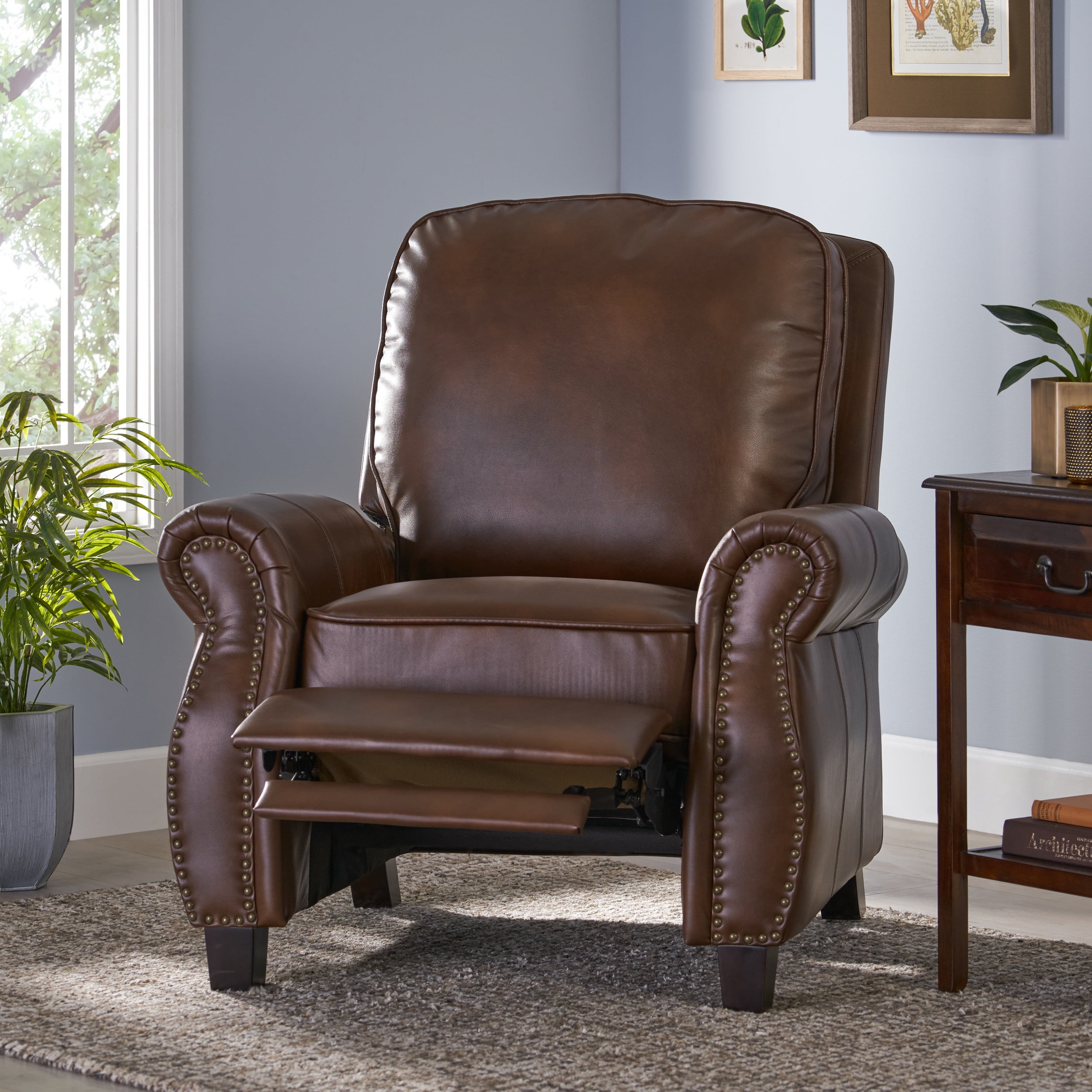 Ember Interiors Nathan Standard 2-Tone Brown Faux Leather Nailhead Recliner
