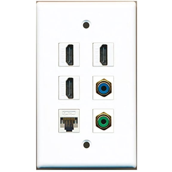 RiteAV - 3 HDMI 1 Port RCA Green 1 Port RCA Blue 1 Port Cat5e Ethernet White Wall Plate