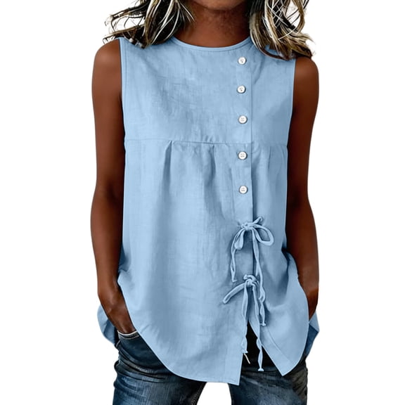 Sevevn Women's Summer Sleeveless Button Down Tank Top Casual Round Neck Drawstring Waist Flowy Tunic Blouse Blue M