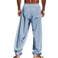 thumbnail image 4 of Men's Casual Linen Pants Loose Fit Drawstring Waist Lightweight Linen Trousers Summer Yoga Beach Long Pants Blue 3XL, 4 of 4