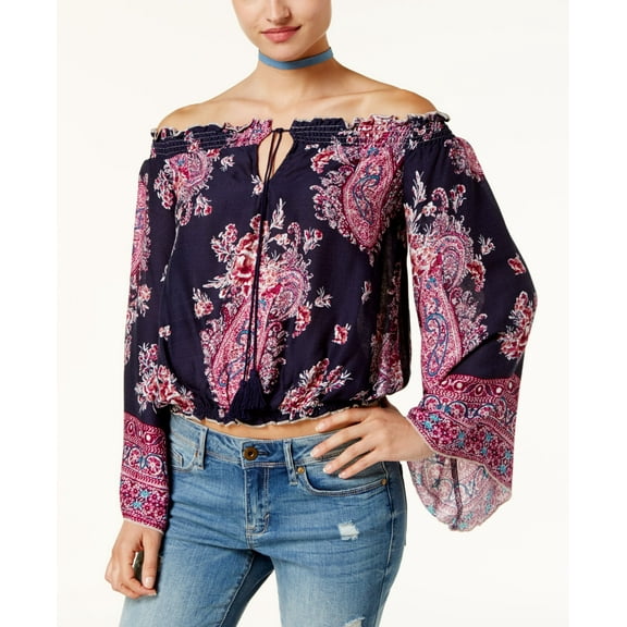 American Rag Juniors Printed Off The Shoulder Peasant Top Blue Combo 2XL