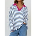 thumbnail image 5 of Rdhnmea Women Long Sleeve T-Shirts Stripe Turn-Down Collar V-Neck Shirts, 5 of 7