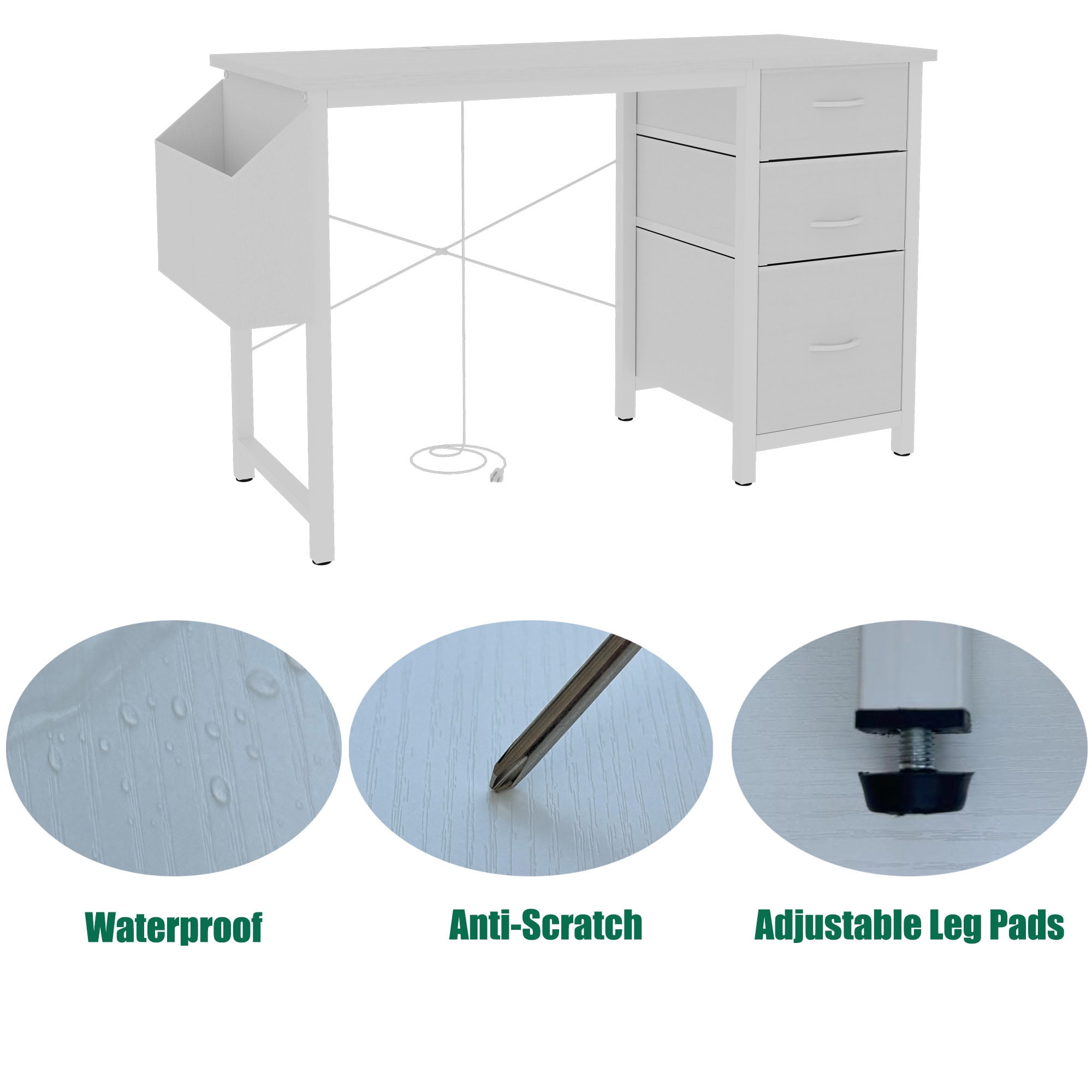 Multi-Functional Hidden Power Outlet Fabric Drawers & Side Pocket Adjustable & Reversible White Modern Executive Desk Home & Office Storage Solution(Chairs not included)