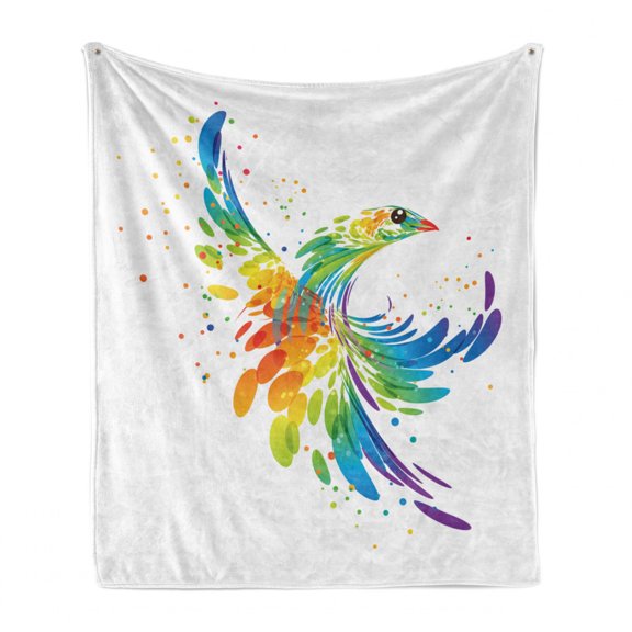 Hummingbird Soft Flannel Fleece Throw Blanket, Pattern of Graphical Colorful Ornamental Wild Bird Plumage Composition, Cozy Plush for Indoor and Outdoor Use, 50" x 70", White Multicolor, by Ambesonne