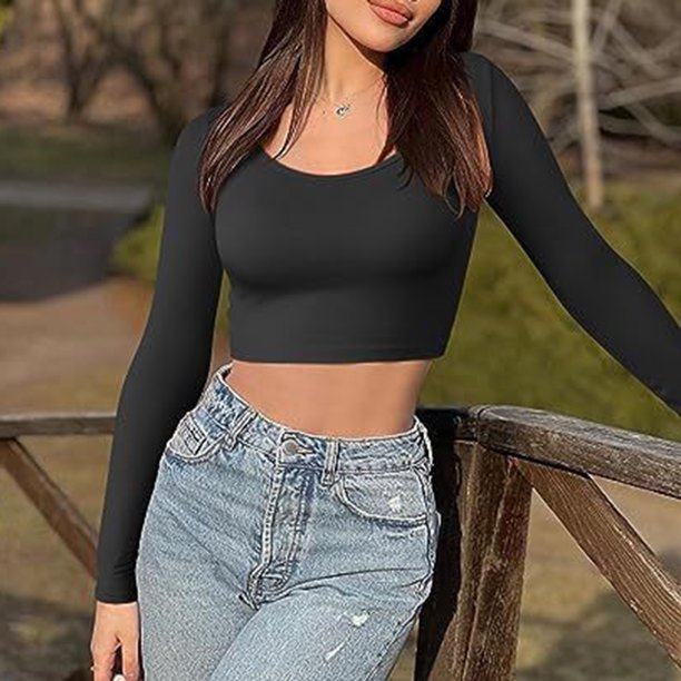 Top ajustado con cuello redondo para mujer camisas elásticas de Color sólido Tops traje de calle sexi