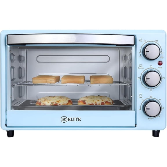 Toaster Oven for small kitchens, stainless steel body with blue finish, compact countertop cooking appliance with fast heating and even toasting