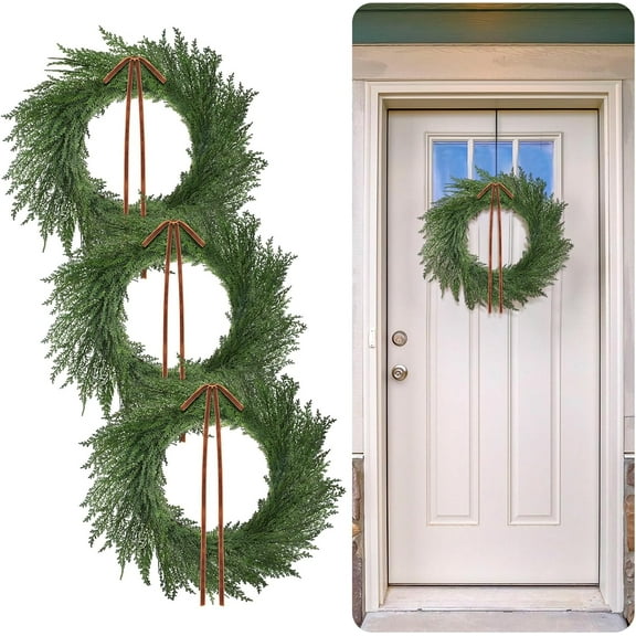 3 Pcs 20 Inch Christmas Cedar Wreath Artificial Greenery Wreath Winter Farmhouse Holiday Decoration with Khaki Ribbon Bow for Front Door Window Xmas Indoor Outdoor Home Decoration