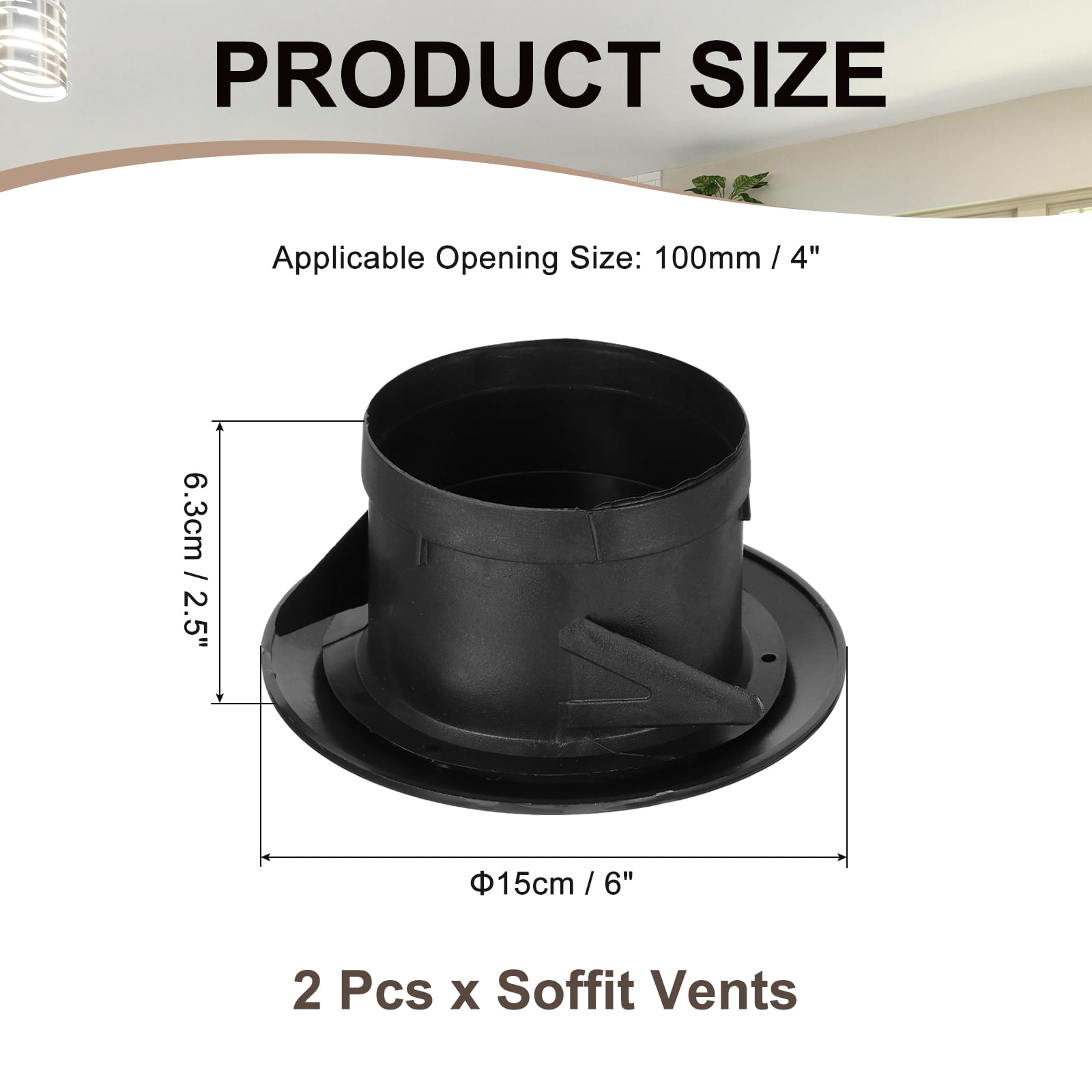 Uxcell 4 Inch Round Air Vent Cover, 2Pcs Soffit Vents ABS Ceiling Vent Covers Air Vent Louver for Living Room, Black