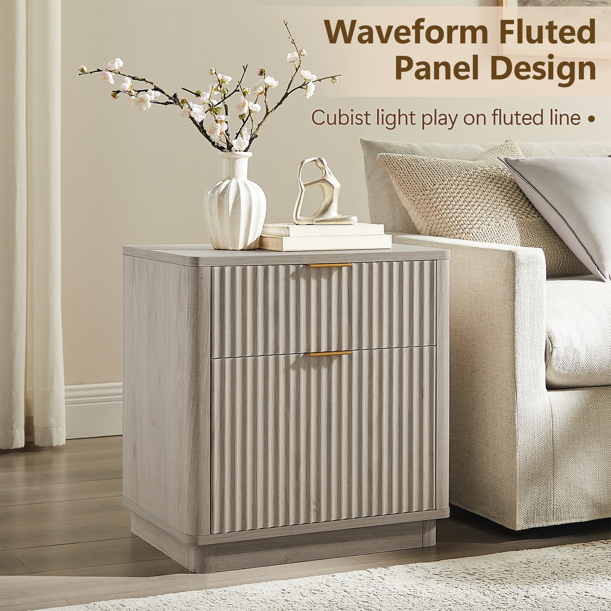 KeyWhat 23" Fluted 2-Drawer Nightstands Set of 2 with Charging Station & Curved Edges
