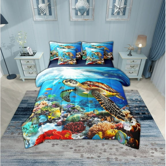 Erosebridal Sea Turtle Bedding Sets Twin Size,Underwtaer World Comforter Sets with Sheets,Ocean Theme Decor,Reversible,Breathable,7pcs
