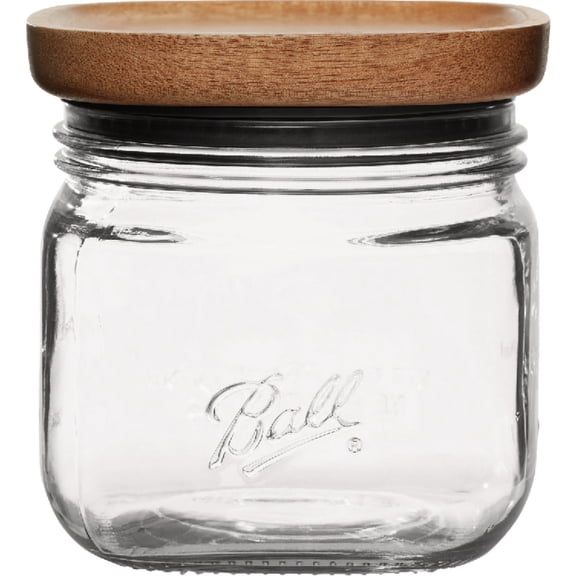 Ball Stack & Store Glass Mason Jars with Wooden Lid, Used for Pantry, Cookies, Flour, Cereal, Rice, Sugar, Tea, Coffee Beans, Spices, Square, 4-Cup Pack of 4