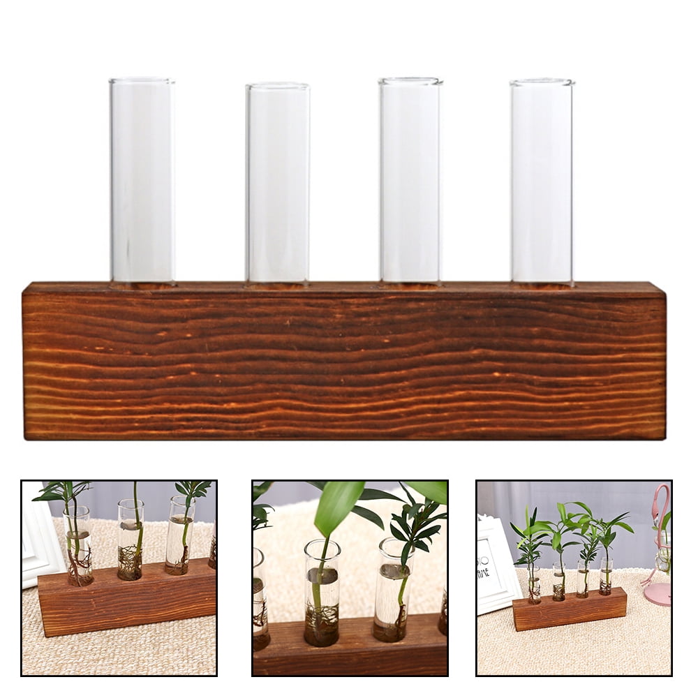 Hydroponics Plant Bonsai Crystal Glass Test Tube Vase Flower Pots w/Wooden Stand 