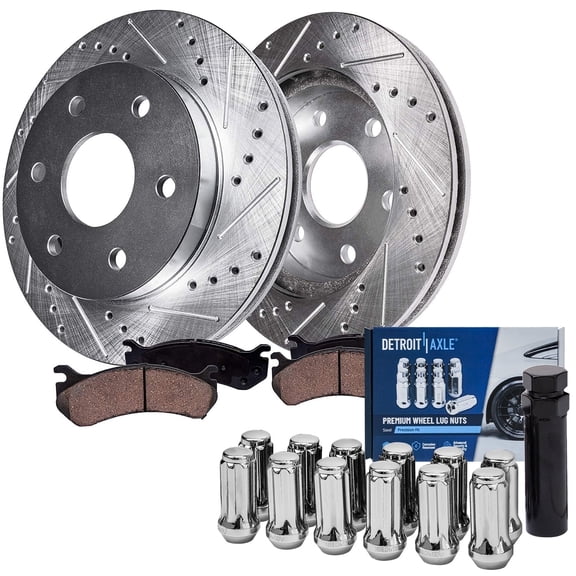 Detroit Axle - Front Brake Kit for GMC Chevy Silverado Sierra Suburban Express Savana 1500 Yukon Drilled Rotors Ceramic Brake Pads Lug Nuts w/key: 12" Rotor