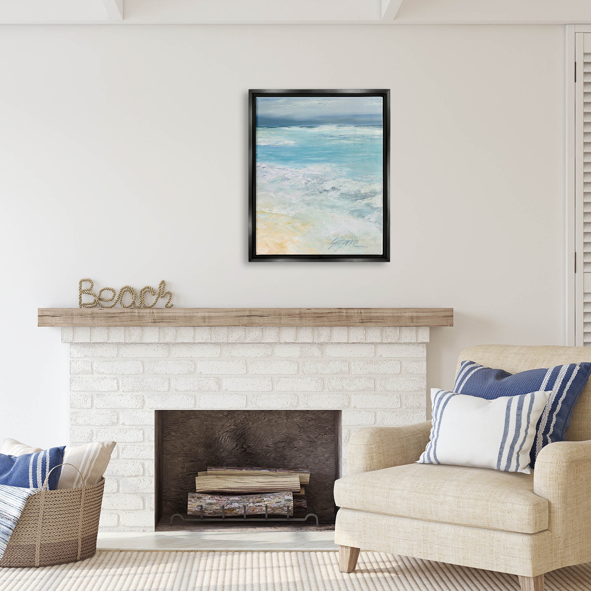 Stupell Industries Modern Beach Waves Abstract Shore Coastal Painting Black Floater Framed Art Print Wall Art