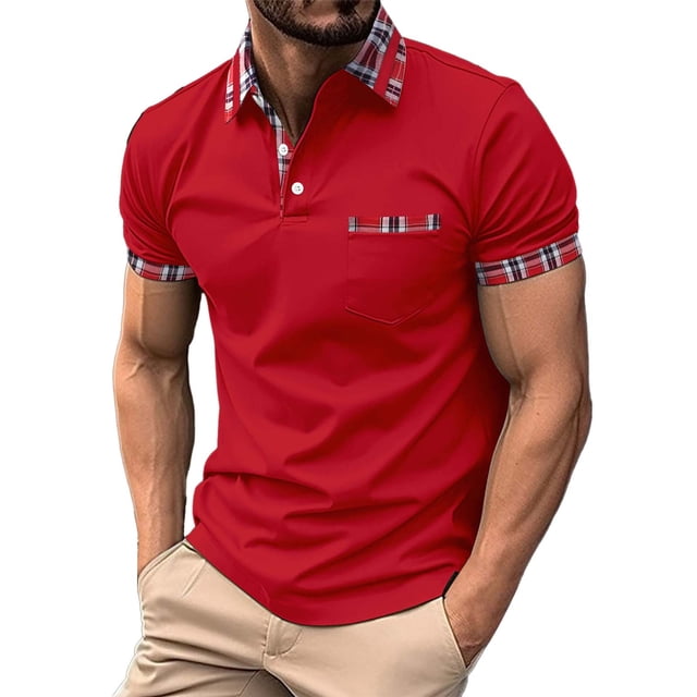 WTXUE Polos Short Sleeve, Lapel Golf Shirts for Men Spring Summer Casual Buttons Lapel T Shirt Tops Solid | Workwear for Men Red S