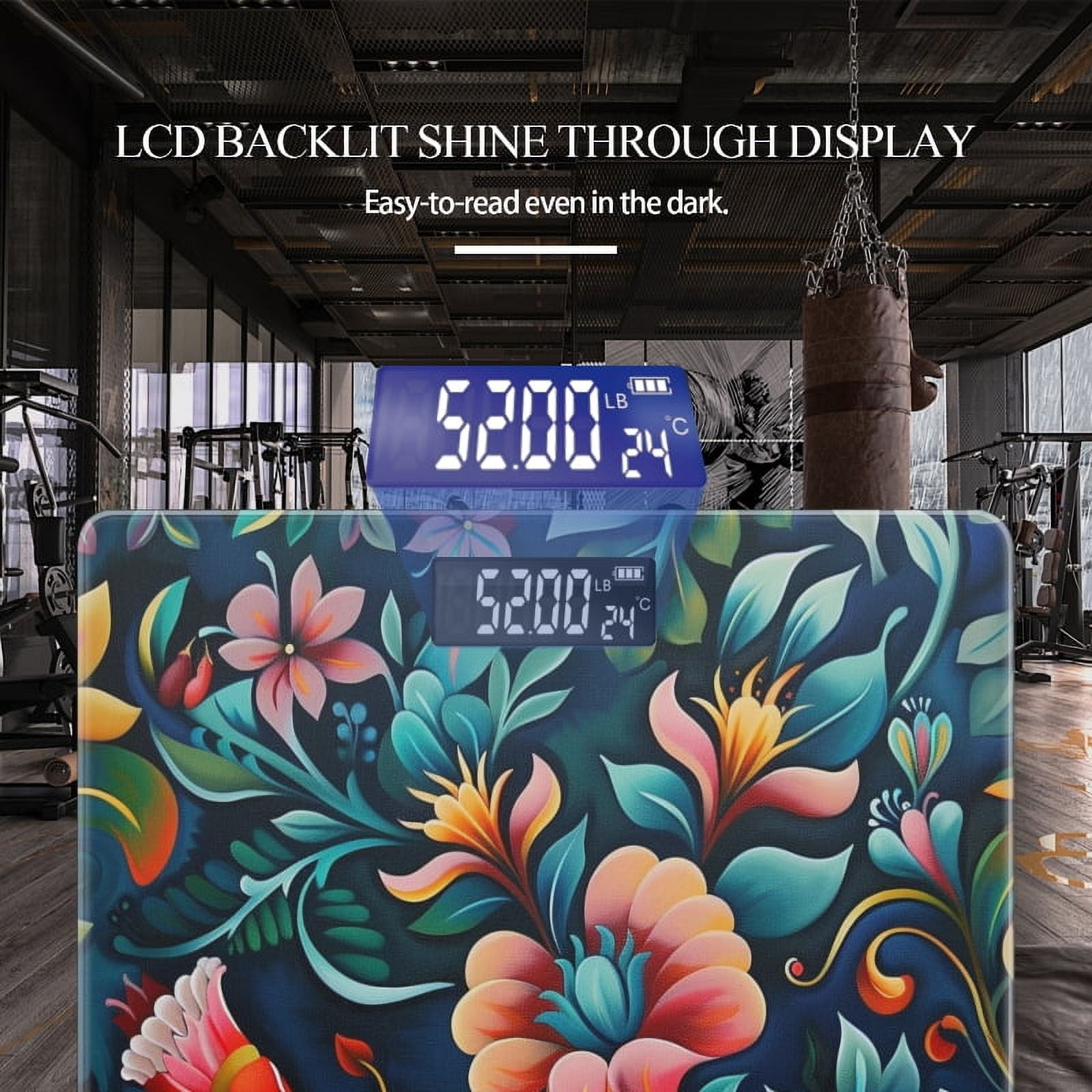 Digital Bathroom Scale with Large LCD Display,High Capacity Scale 400 lbs High Precision body fat scale-Colorful Pattern Of Flowers And Leaves On Dark Background
