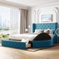 thumbnail image 2 of Queen Size Upholstered Platform Bed Frame with 1 Big Drawer and 2 Side Storage Stool, Support Legs, Wooden Slats Support Mattress Foundation, No Box Spring Needed, in Velvet(Blue), 2 of 8