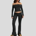 thumbnail image 2 of Penkiiy Women's 2 Piece Outfit Off the Shoulder Long Sleeve Crop Top and Flare Leg Pants Set S Black, 2 of 6