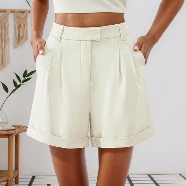 MKLEKYY Pantalones Cortos de Vestir de Cintura Alta para Mujer con Pliegues, Bolsillos Laterales y Espalda Elástica, Cómodos, Transpirables, Informales, para Viajar, Verano, Primavera y Otoño.