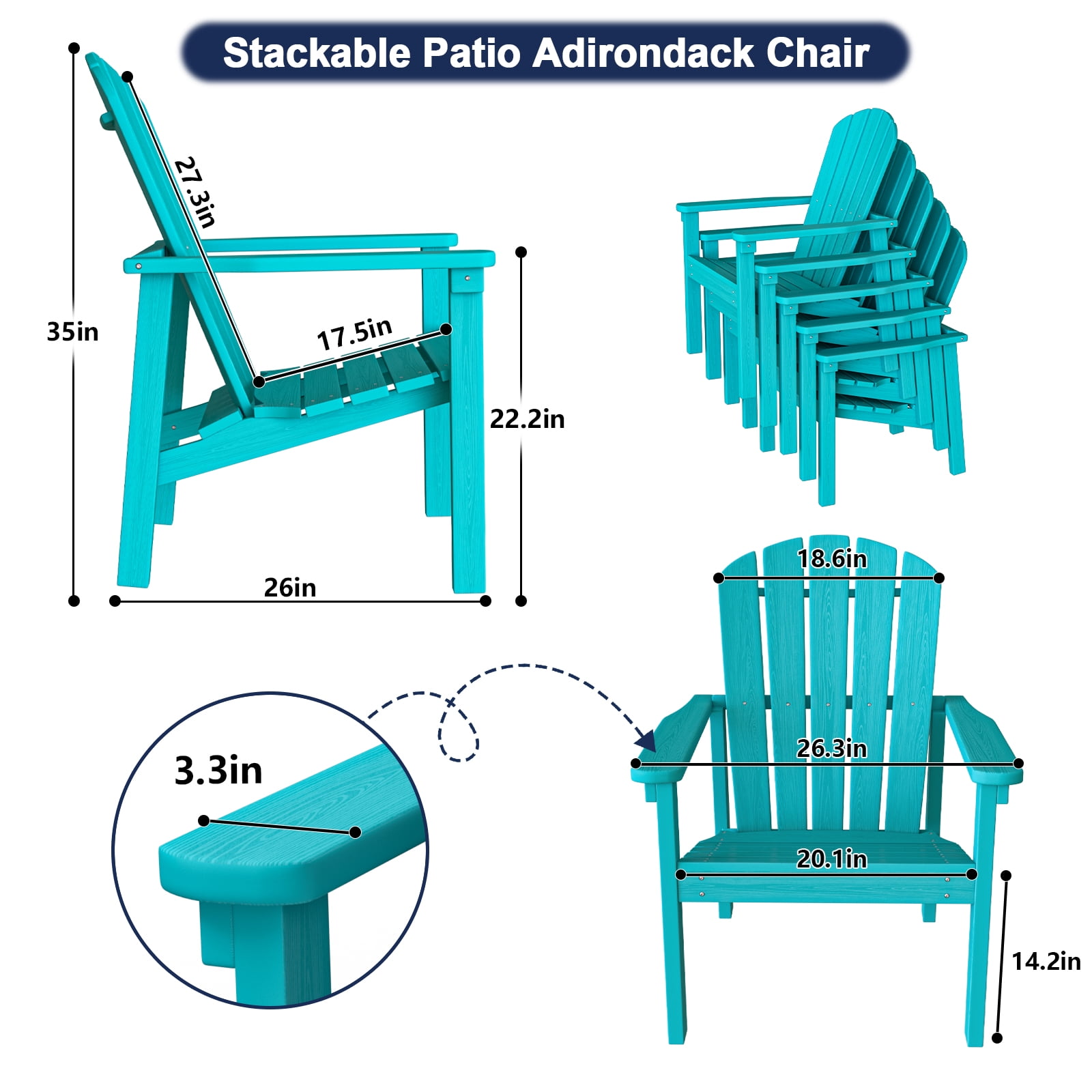 Cobiod Stackable Adirondack Chair Set of 4, HDPE All-Weather Patio Chair, Wood Grain Ergonomic Dining Chair for Fire Pit & Backyard, Aruba