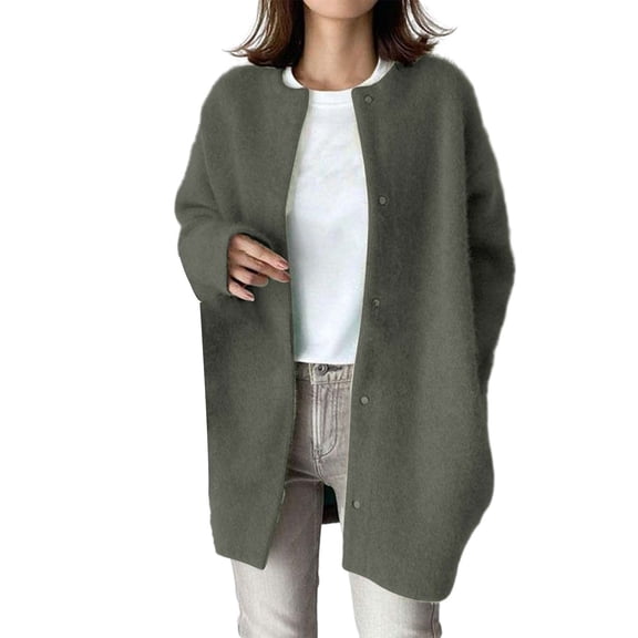 Kaondbfi Cardigan for Women, Korean Wool Coat Slim Trench Long Coat Fall Winter Elegant Round Neck Straight Korean Coat Mid Long Wool Overcoat Women's Winter Coat