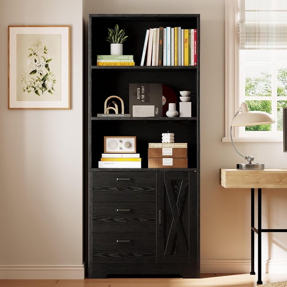 Bookshelf with Door and 3 Drawers, 71in Tall Bookcase Shelf with 3-Tier Shelves