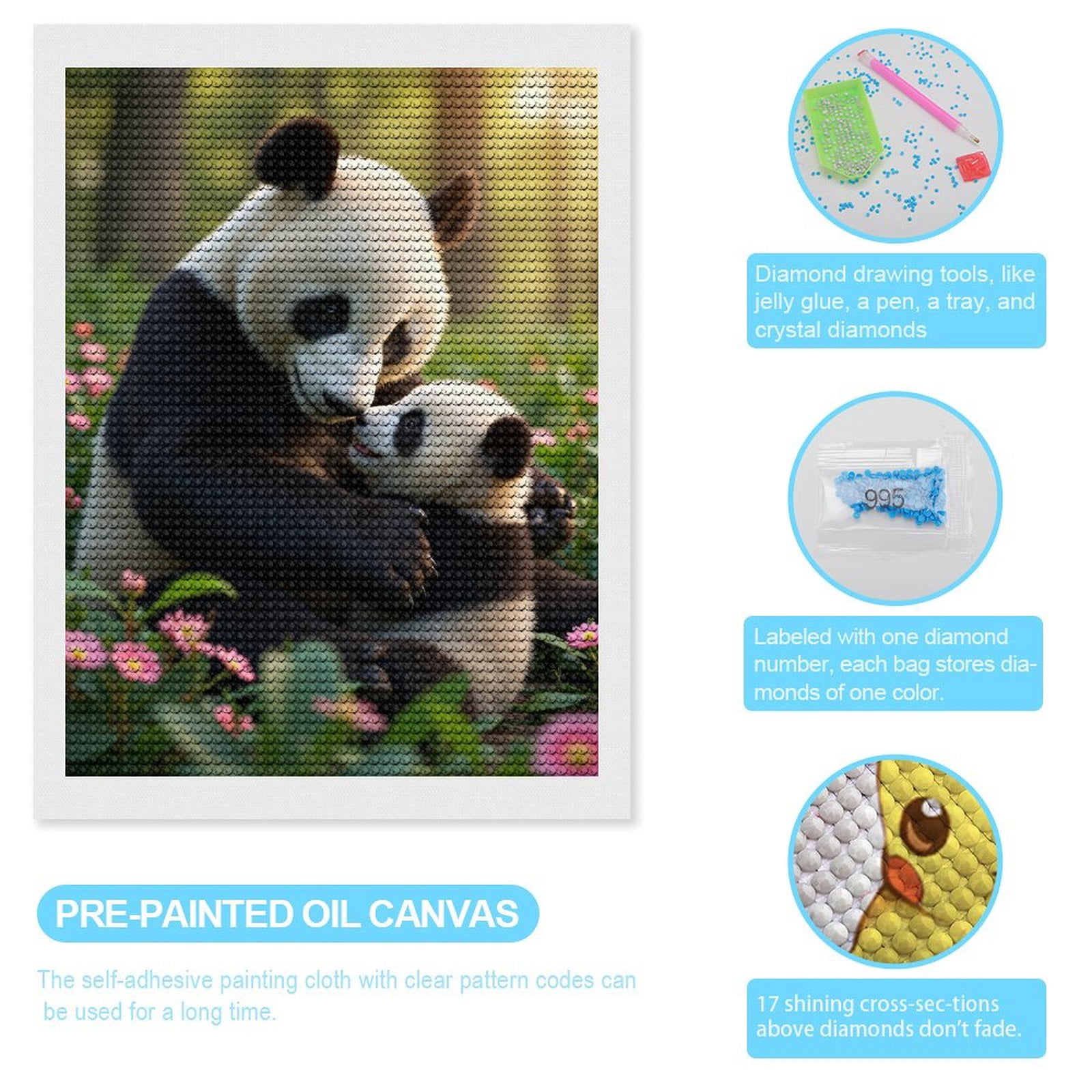 Diamond Art Kits for Adults, Panda Family Love Forest Blossoms 5D Diamond Painting Kits for Adults Beginners, DIY Full Drill Diamond Painting, Gem Art and Crafts 12x16