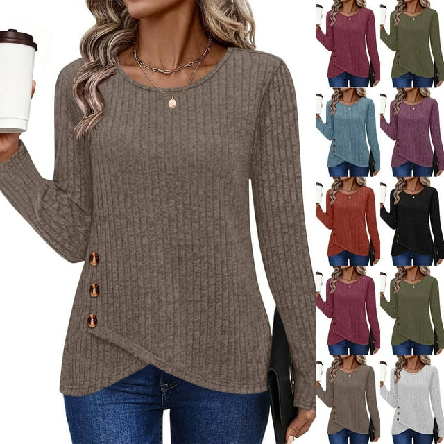 JDQJBZ Summer Womens Tops,Womens Long Sleeve Tops Solid Color Ribbed Brushed Crew Neck Button Hem Pullover T Shirt Casual Tops For Women Spring Summer